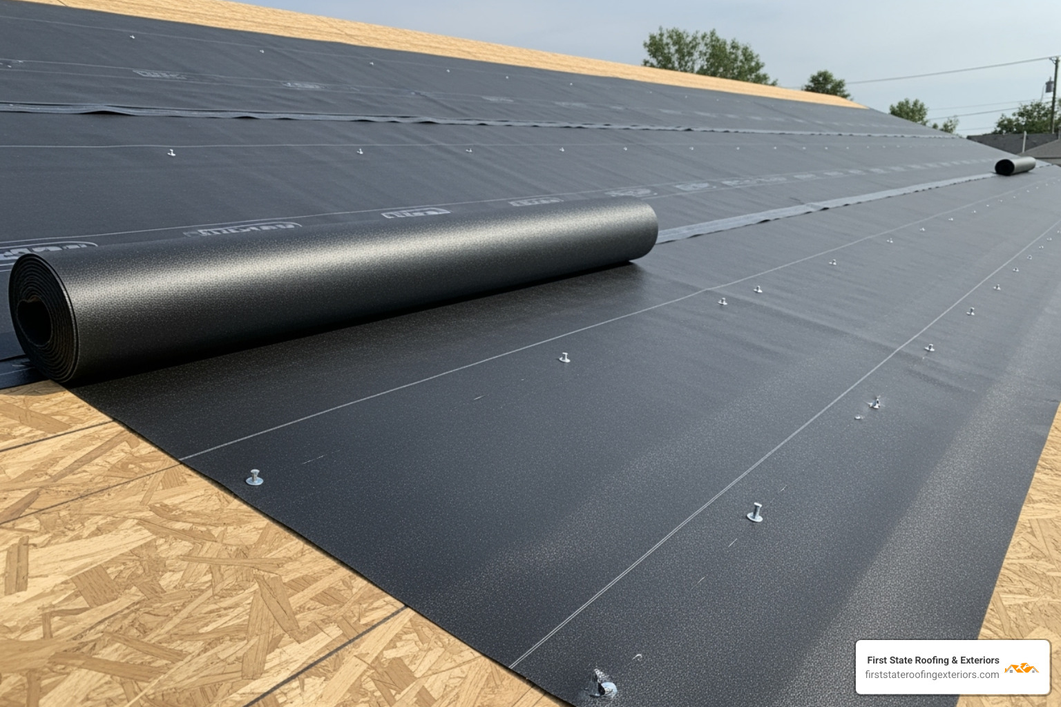 Clean, prepared roof deck with new underlayment being rolled out - roofing installation