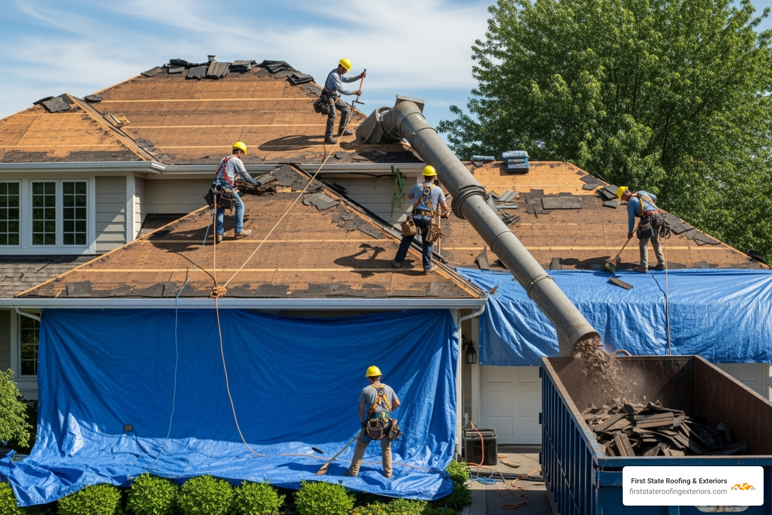 A professional roofing crew safely working on a roof tear-off, all wearing hard hats and safety harnesses connected to anchor points, with tarps covering the ground around the house to protect landscaping. - roof installation