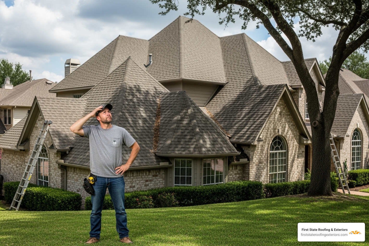 A homeowner looking up at a complex roof with a steep pitch, considering the daunting task of installing a new roof themselves. - roof installation