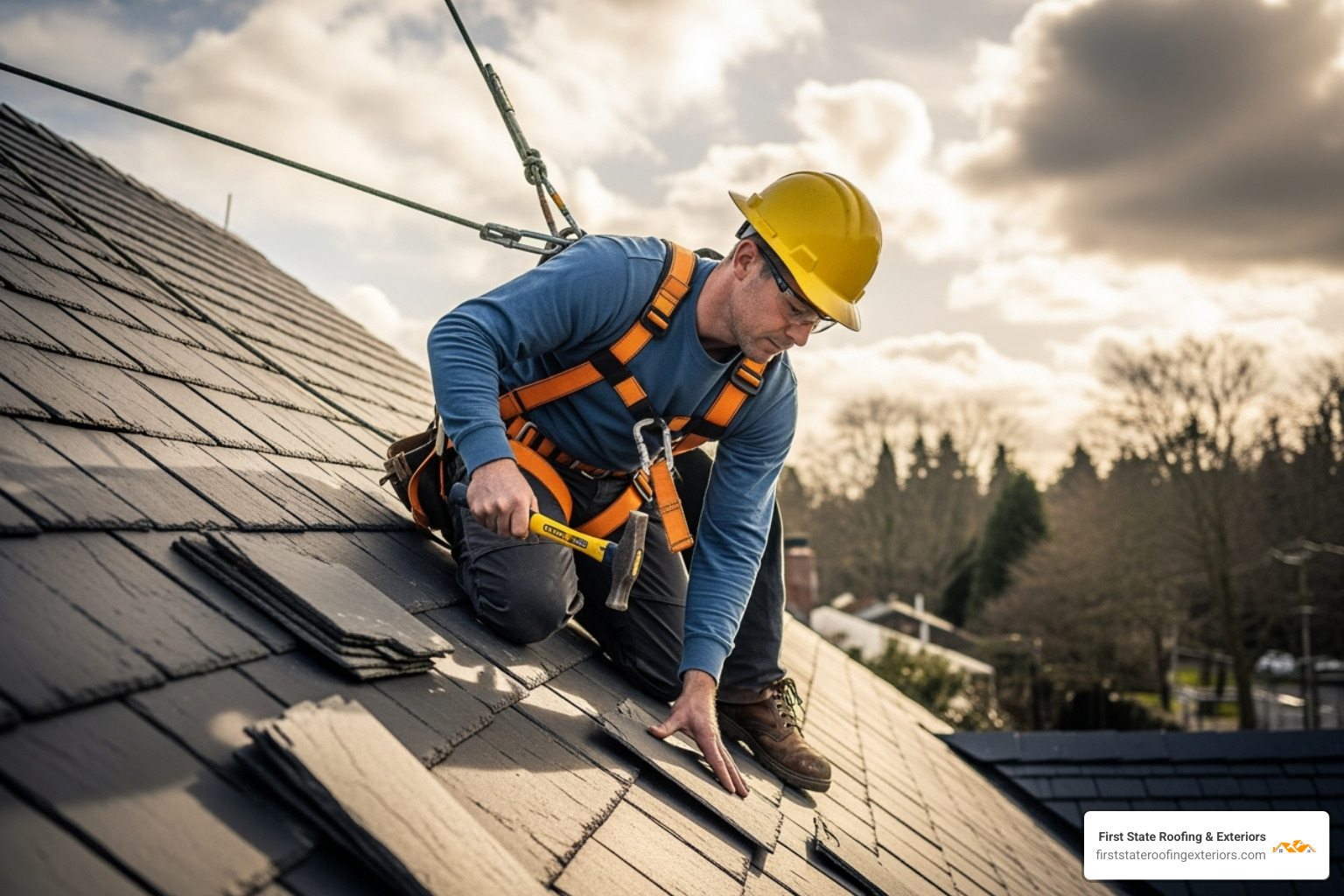 a professional slate roofer wearing a safety harness carefully installing a slate tile with a slate hammer, demonstrating precision - slate roofers near me a professional slate roofer wearing a safety harness carefully installing a slate tile with a slate hammer, demonstrating precision - slate roofers near me