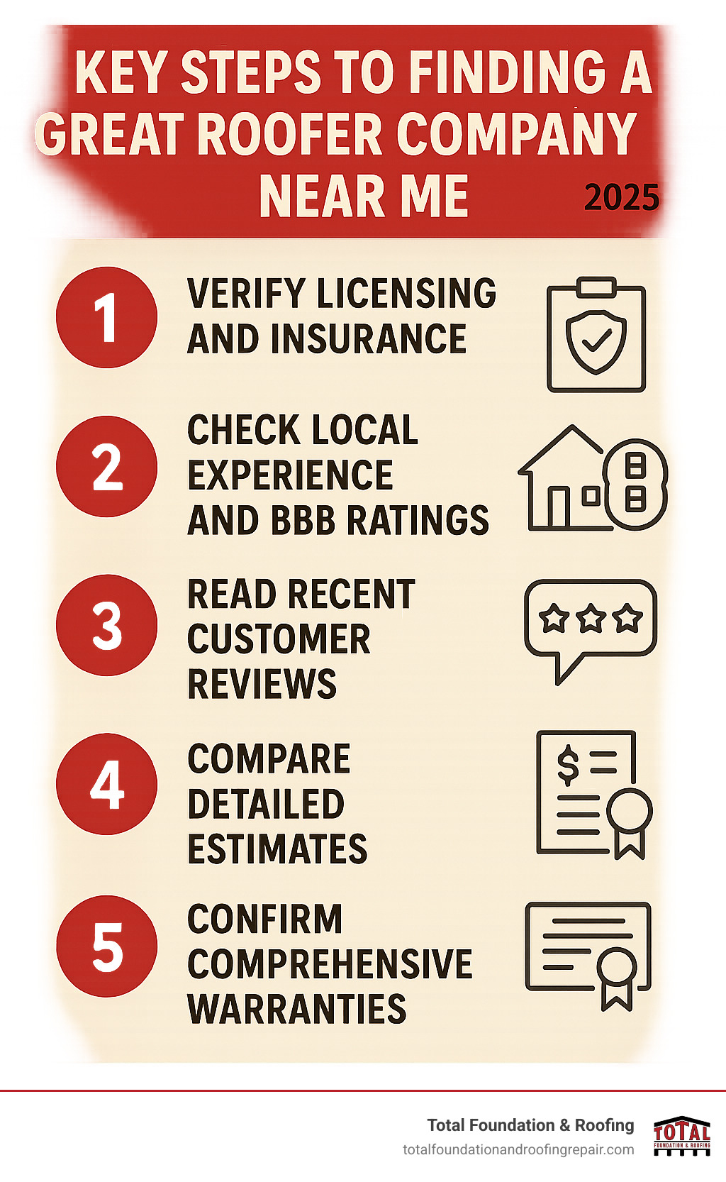 Infographic showing 5 key steps to finding the best roofer company near me: 1) Verify licensing and insurance credentials, 2) Check local experience and BBB ratings, 3) Read recent customer reviews and testimonials, 4) Compare detailed estimates from multiple contractors, 5) Confirm comprehensive warranties on materials and workmanship - roofer company near me infographic 