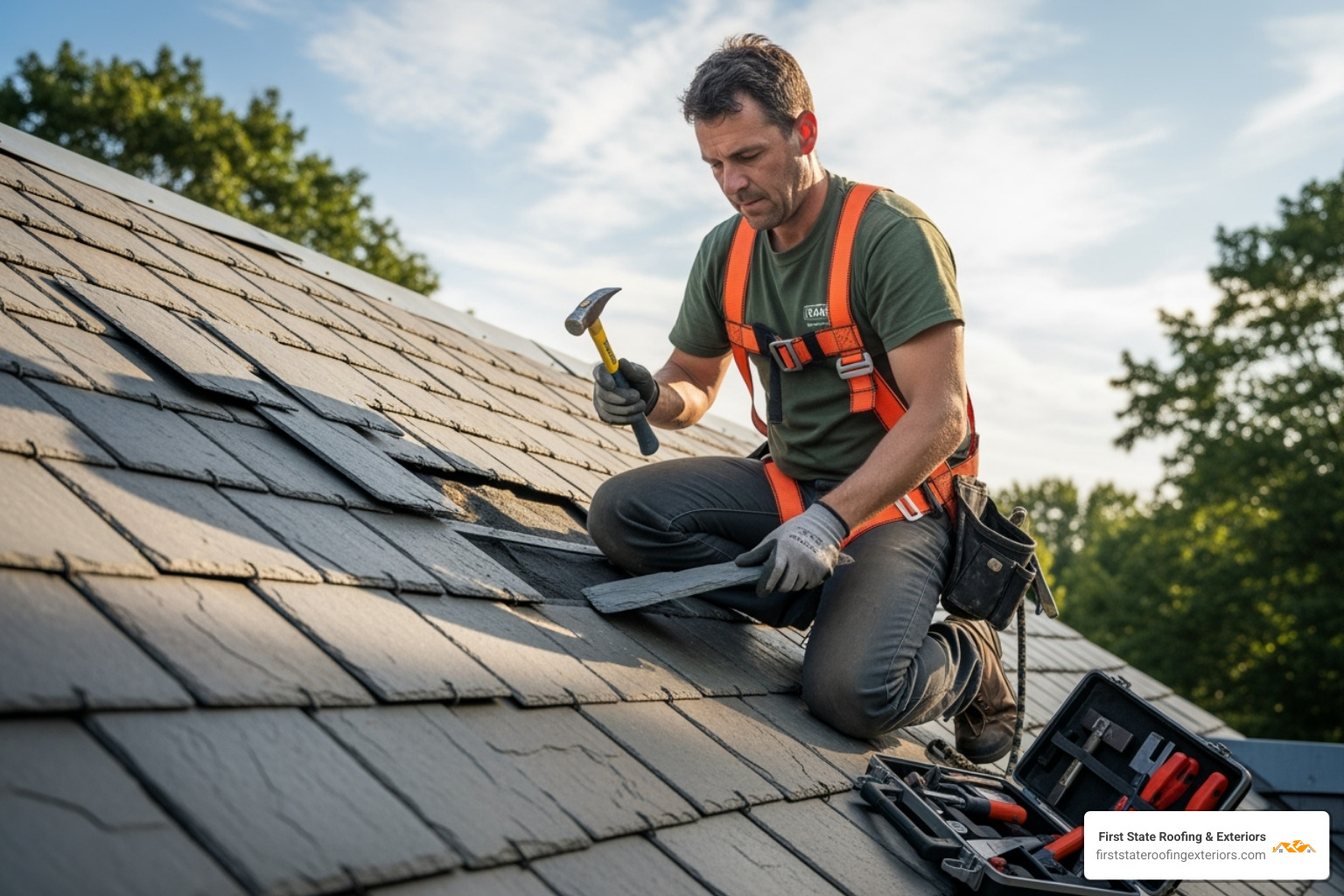a roofer wearing a safety harness carefully working on a slate roof, demonstrating specialized techniques - slate roofers near me a roofer wearing a safety harness carefully working on a slate roof, demonstrating specialized techniques - slate roofers near me