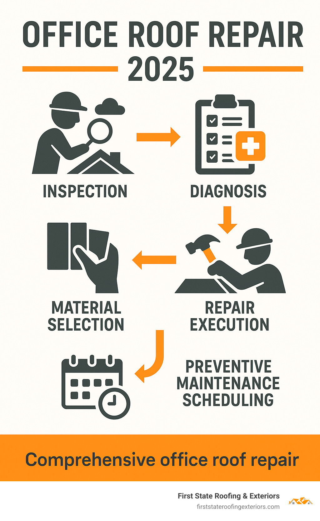 Comprehensive office roof repair process showing inspection, diagnosis, material selection, repair execution, and preventive maintenance scheduling - Office roof repair infographic Comprehensive office roof repair process showing inspection, diagnosis, material selection, repair execution, and preventive maintenance scheduling - Office roof repair infographic