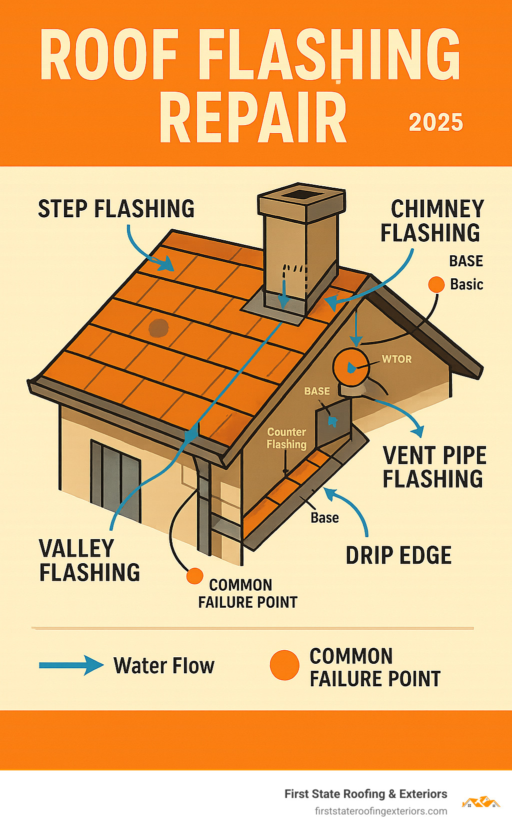 Detailed infographic showing roof flashing locations including step flashing along walls, valley flashing where roof planes meet, chimney flashing with base and counter components, vent pipe flashing around penetrations, and drip edge along eaves, with arrows indicating water flow direction and common failure points highlighted - Roof flashing repair infographic 