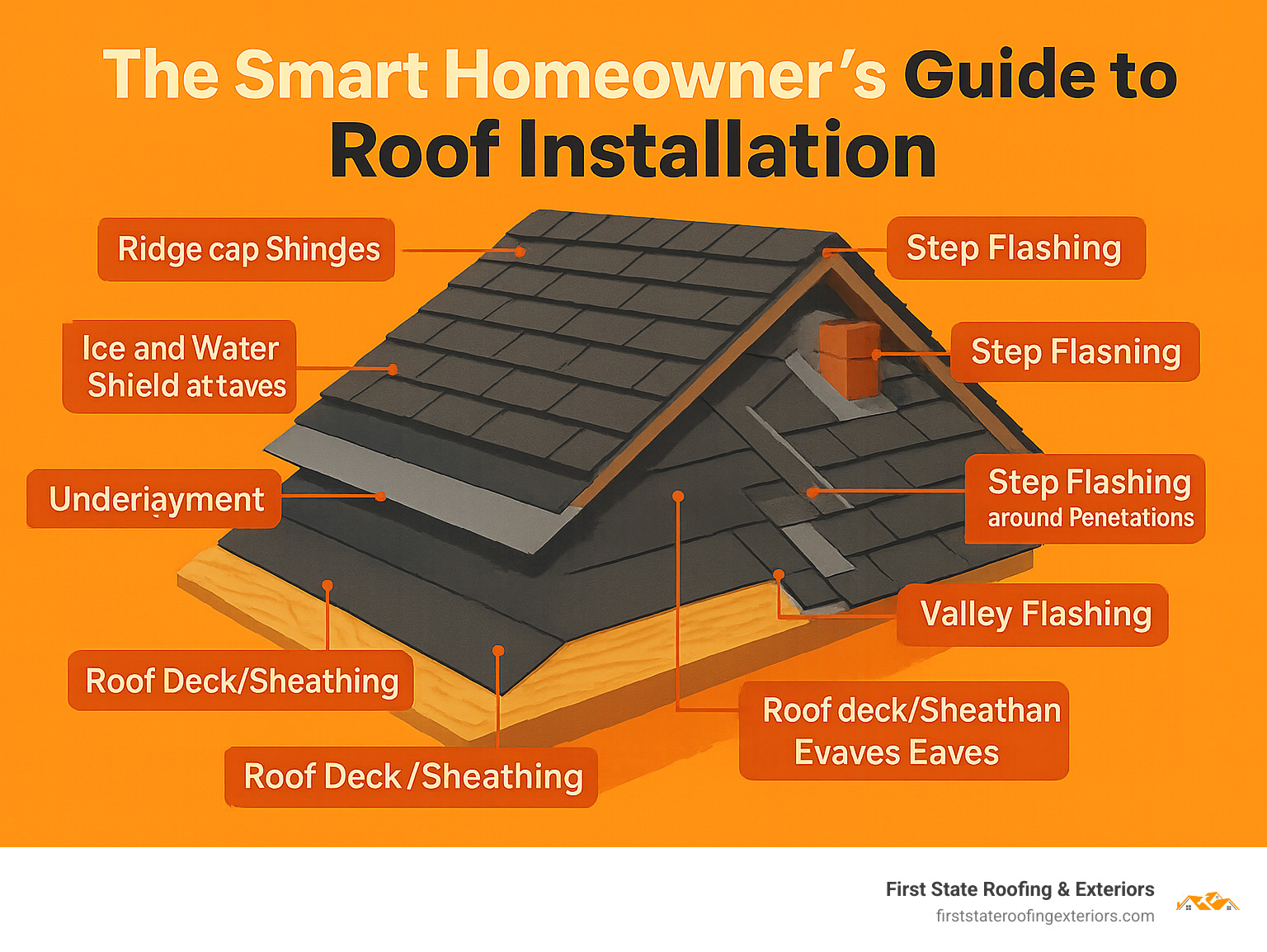 Detailed infographic showing the complete roofing system layers from bottom to top: roof deck/sheathing, ice and water shield at eaves, underlayment covering the entire deck, drip edge at perimeter, starter shingles along eaves, field shingles with proper overlap pattern, step flashing around penetrations, valley flashing in roof joints, and ridge cap shingles at the peak - roof installation infographic 