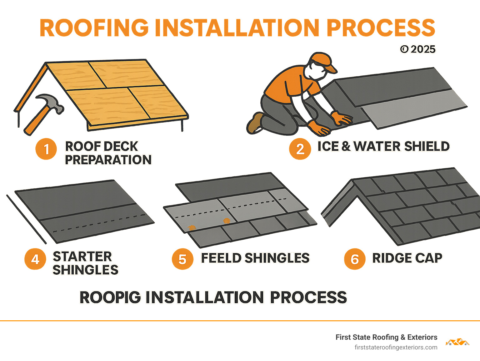 Complete roofing installation process showing roof deck preparation, ice and water shield application, synthetic underlayment installation, starter shingle placement, field shingle installation with proper nailing patterns, and ridge cap finishing - roofing installation infographic 