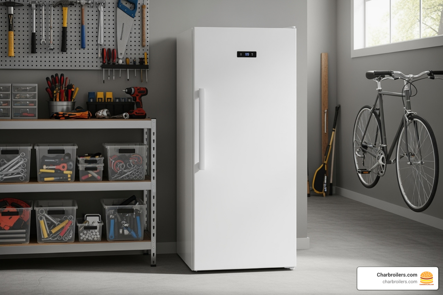 A Commercial Cool freezer in a garage setting, showcasing its versatility - commercial cool upright freezer