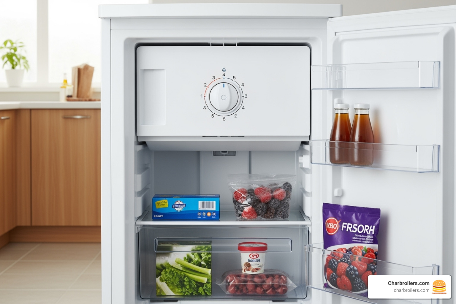 Image of the freezer's temperature dial and interior - commercial cool upright freezer