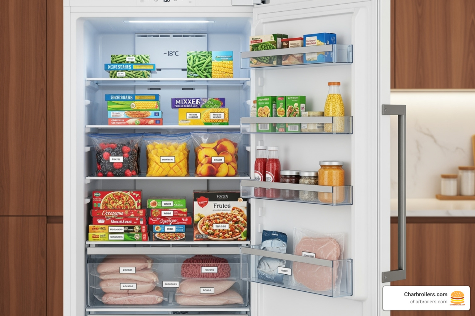 An open Commercial Cool freezer with neatly organized food items on its shelves - commercial cool upright freezer