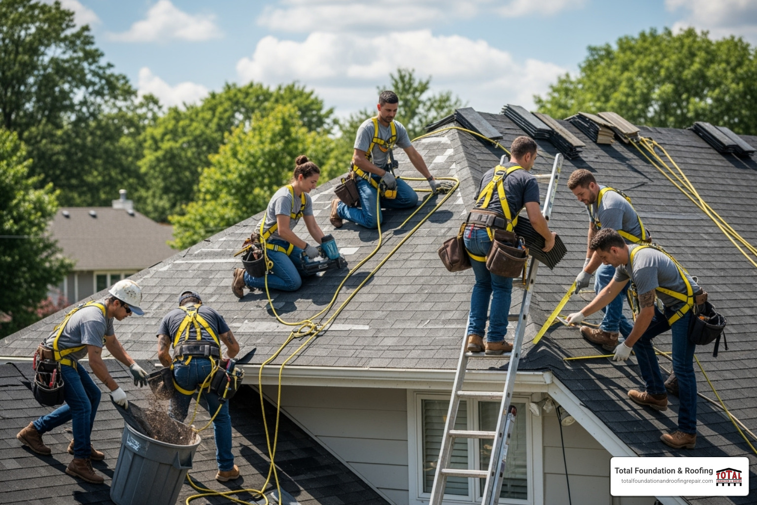 A professional roofing crew safely working on a residential roof, with all members wearing OSHA-required safety harnesses - roof replacement