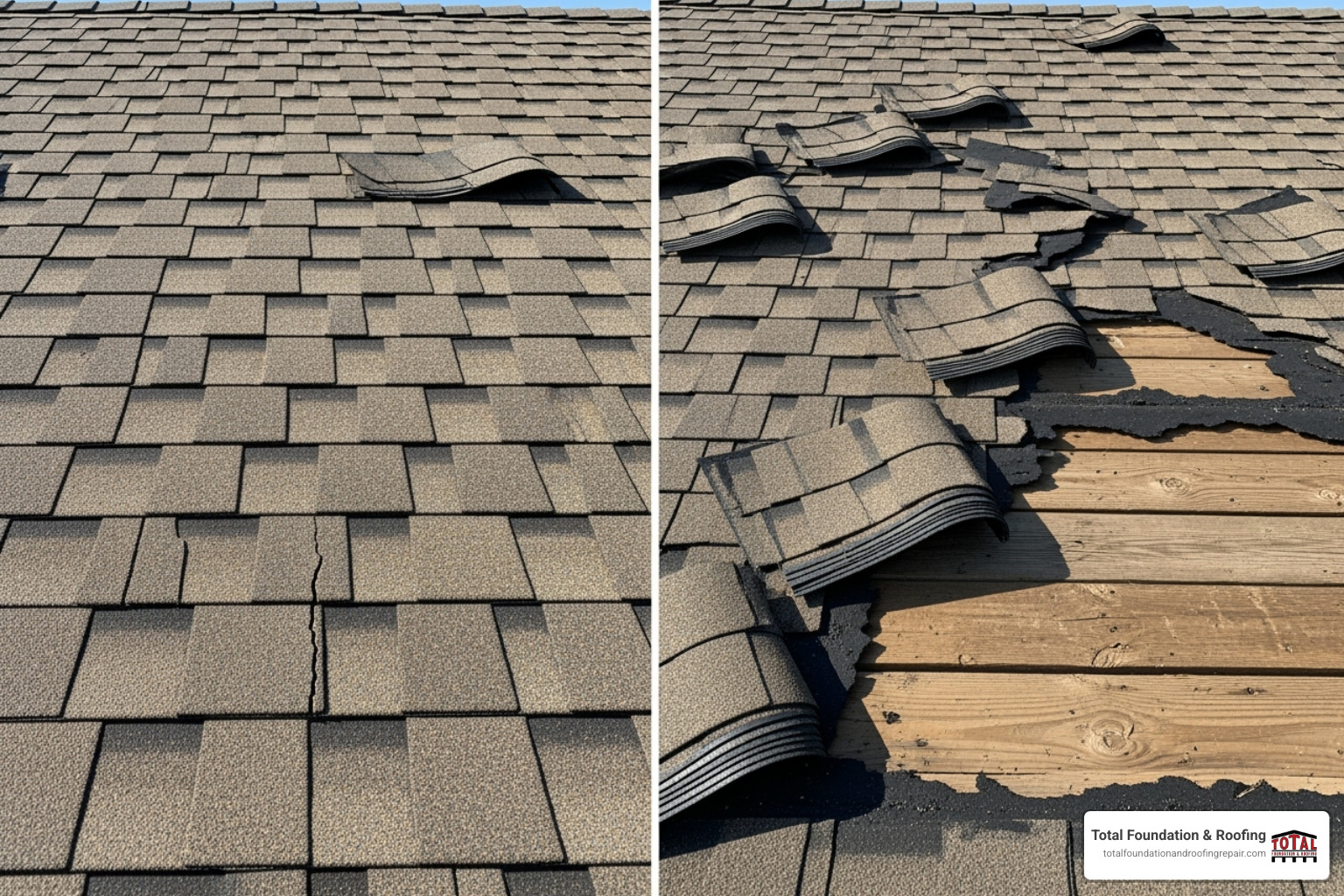 Comparison of a roof needing minor repair vs. one needing full replacement, with clear visual differences in damage levels - roof replacement