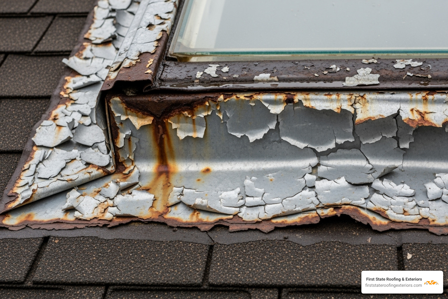 damaged peeling flashing around a skylight - Skylight leak repair
