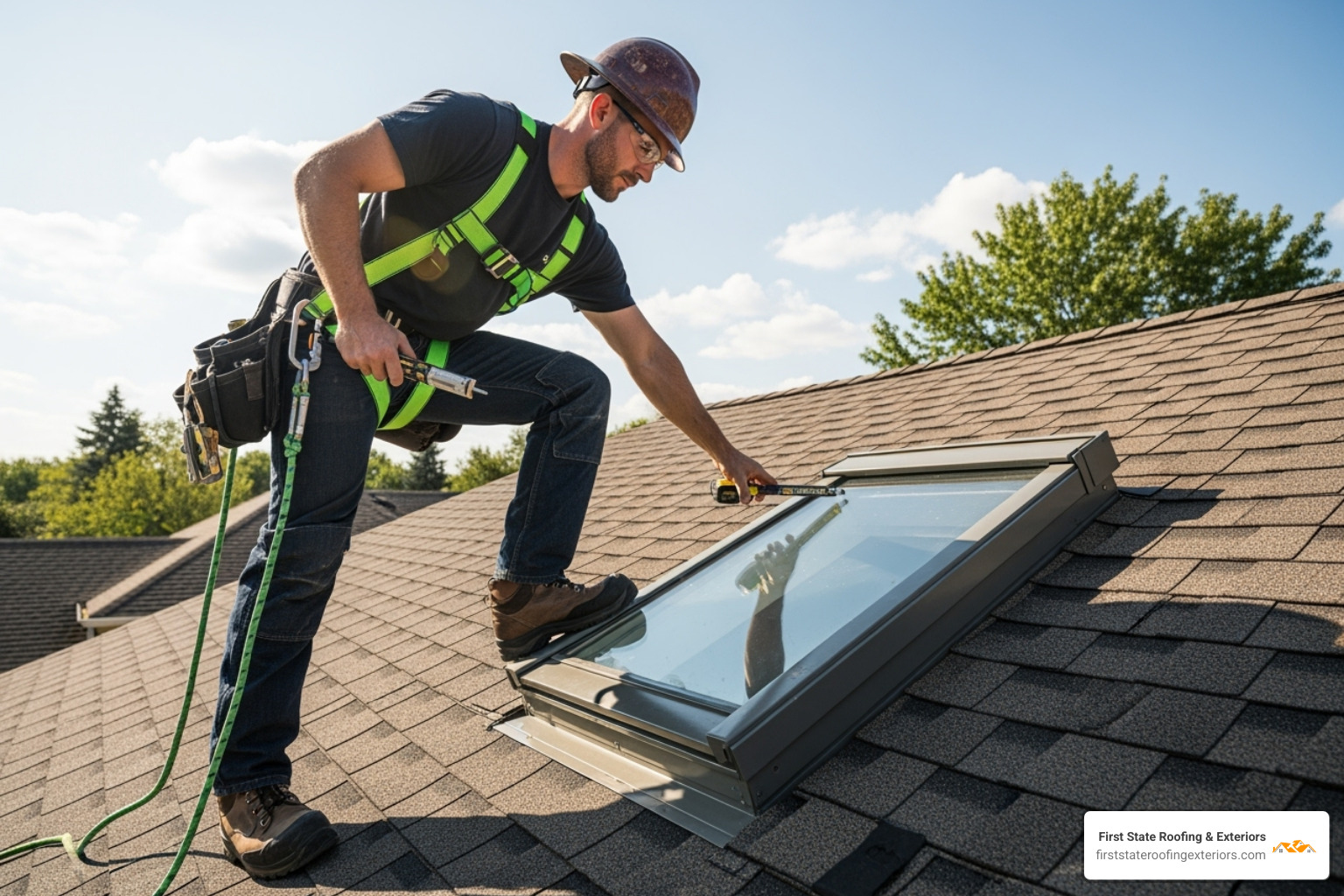 roofer inspecting a skylight on a sunny day wearing safety harness and non-slip shoes - Skylight leak repair