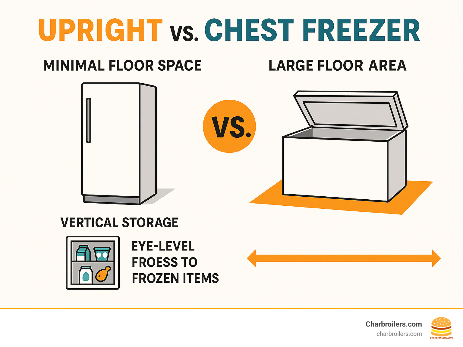 Infographic showing space comparison between upright freezer taking minimal floor space versus chest freezer requiring large floor area, with organizational benefits of vertical storage and eye-level access to frozen items - commercial cool upright freezer infographic 
