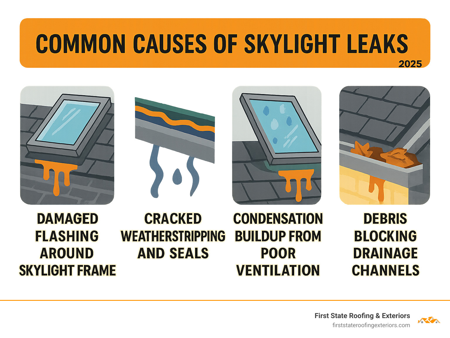 Common causes of skylight leaks including damaged flashing around skylight frame, cracked weatherstripping and seals, condensation buildup from poor ventilation, and debris blocking drainage channels - Skylight leak repair infographic 