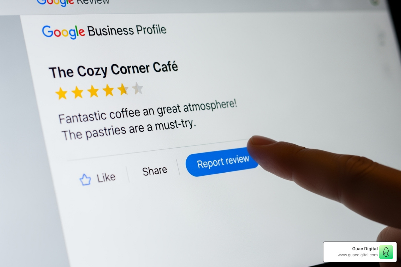Image of the 'Report review' option being clicked on a Google review - how to manage google reviews business Image of the 'Report review' option being clicked on a Google review - how to manage google reviews business