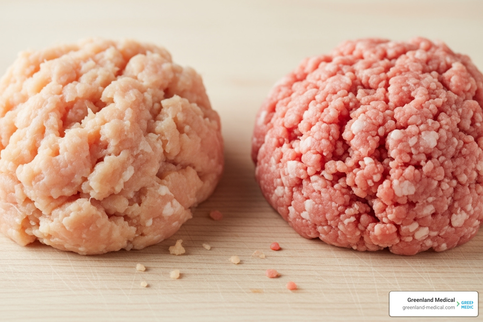 raw ground chicken and ground turkey side-by-side showing their difference in color and texture - ground chicken vs ground turkey nutrition raw ground chicken and ground turkey side-by-side showing their difference in color and texture - ground chicken vs ground turkey nutrition