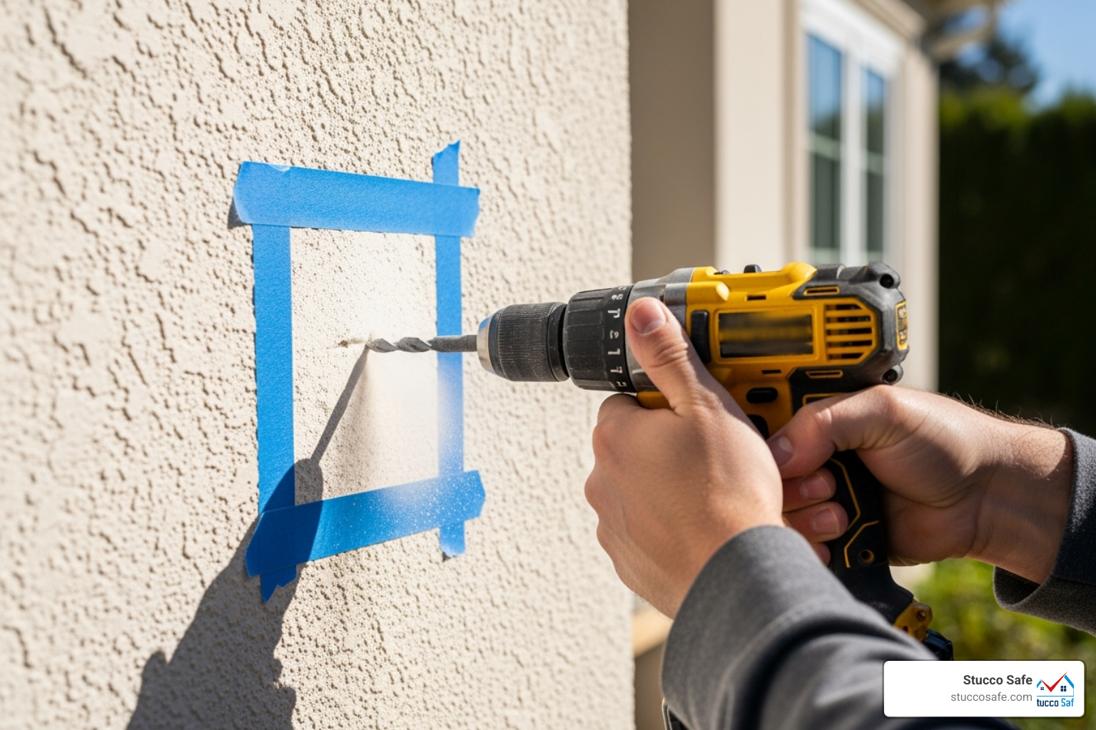 Drilling a pilot hole into stucco with painter's tape - anchor screw into stucco