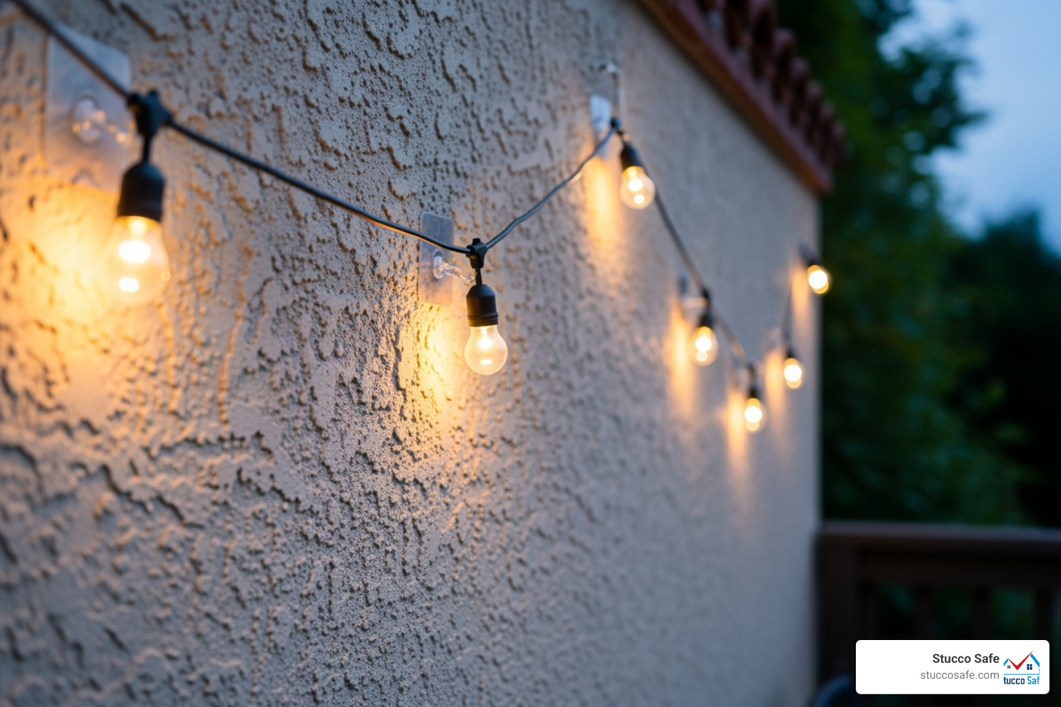 Lightweight string lights on stucco with adhesive hooks - anchor screw into stucco