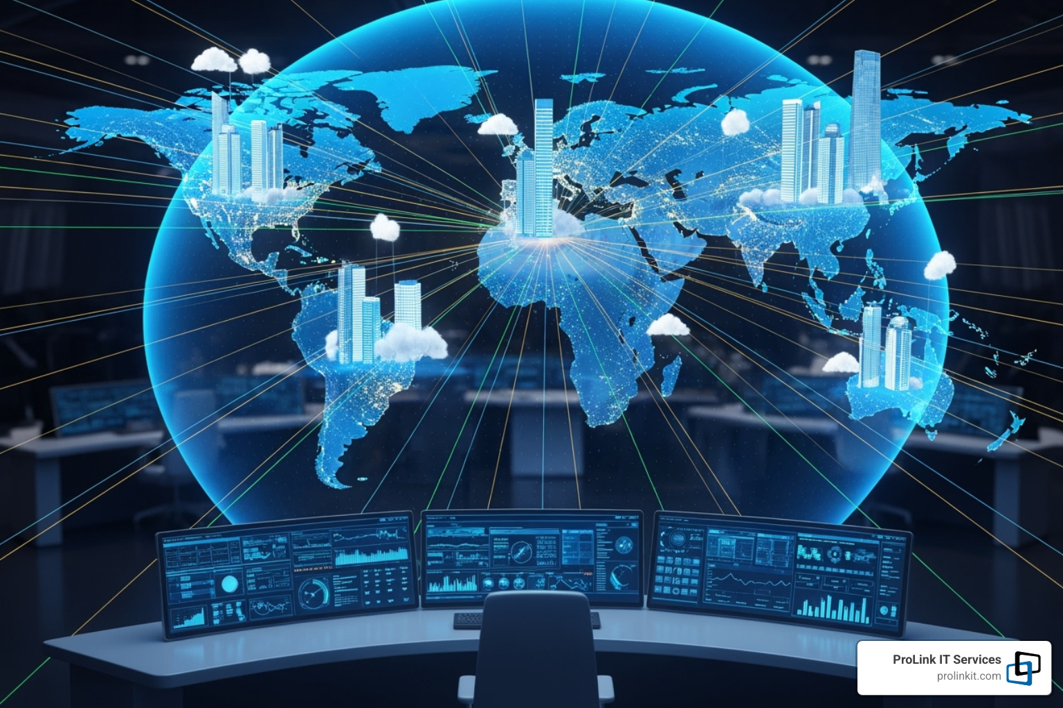 world map with interconnected office and cloud locations being monitored from a central point - remote network monitoring system