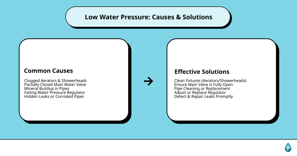 Comprehensive infographic showing common low water pressure causes on the left side including clogged aerators, partially closed main valve, mineral buildup in pipes, failing pressure regulator, and leaks, with corresponding solution steps on the right side including cleaning fixtures, checking valves, pipe replacement, regulator adjustment, and leak repair - Low water pressure fix infographic cause_effect_text