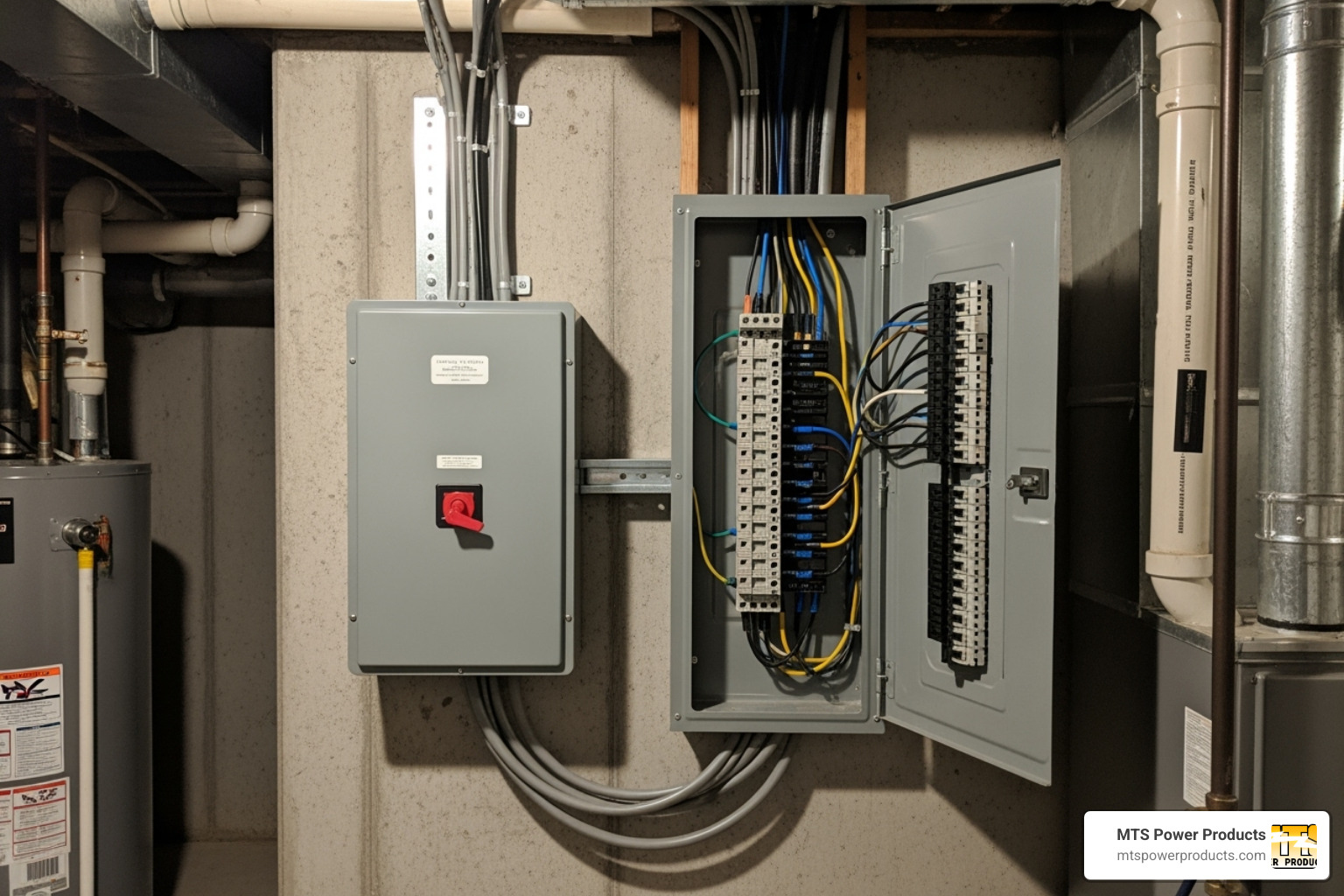 transfer switch installed next to a main electrical panel - generator transfer switch