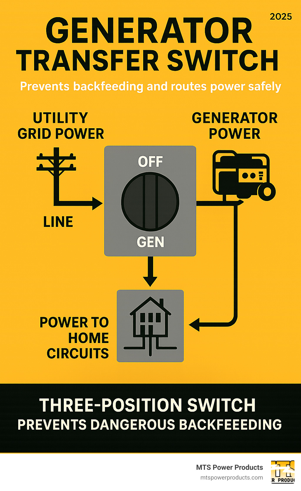 Infographic showing power flow comparison between utility grid power and generator power through a transfer switch, highlighting the three positions LINE-OFF-GEN and illustrating how the switch prevents dangerous backfeeding while safely routing power to essential home circuits - generator transfer switch infographic 