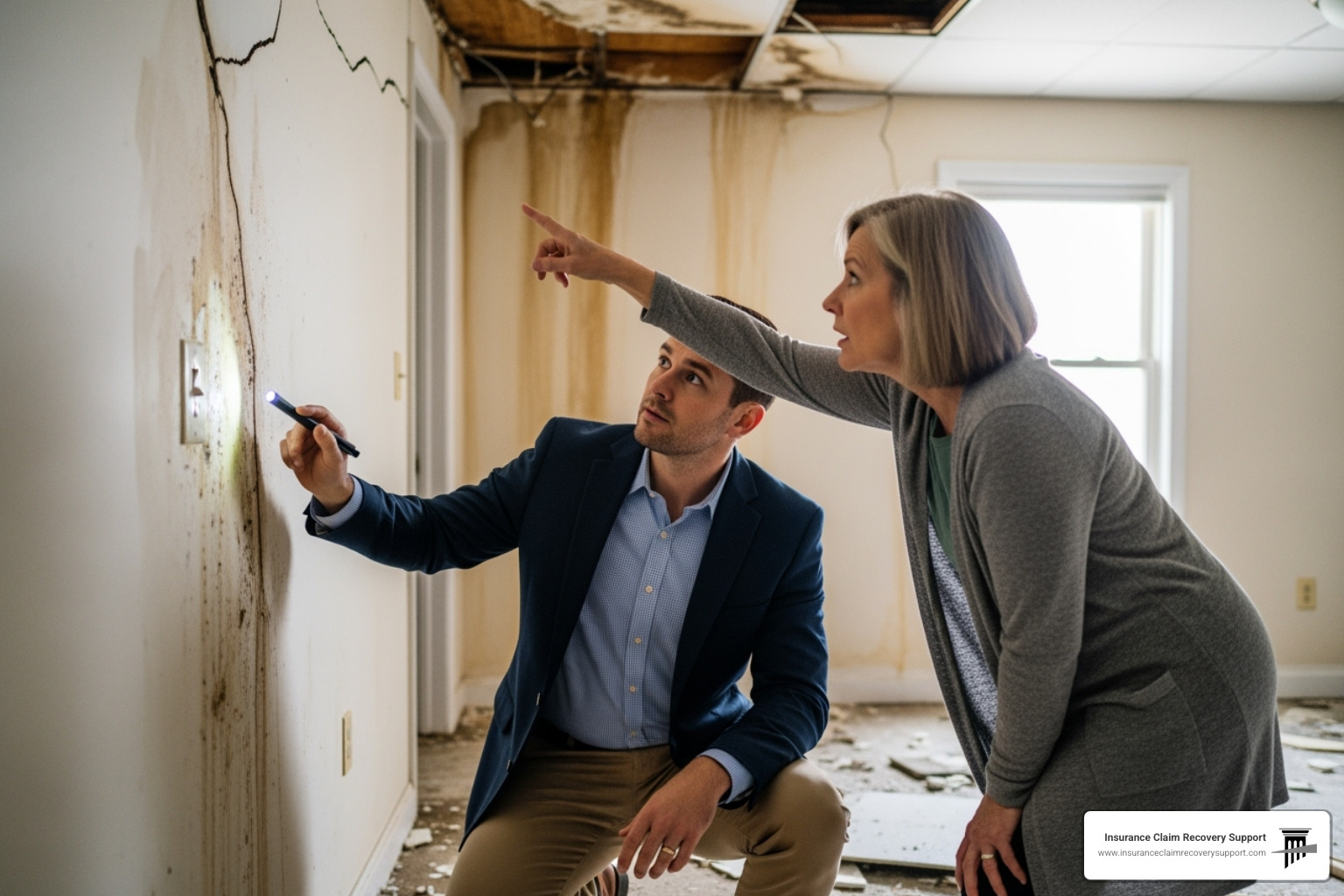 A public adjuster inspecting property damage with a policyholder. - multi-family property insurance