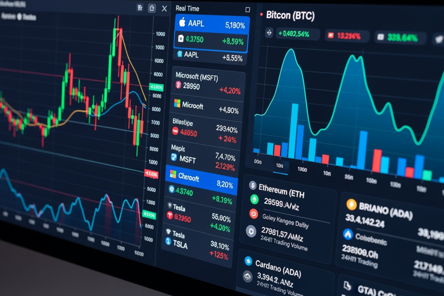 Diverse investment portfolio on a screen, showing stocks and cryptocurrencies - fintechzoom.com money