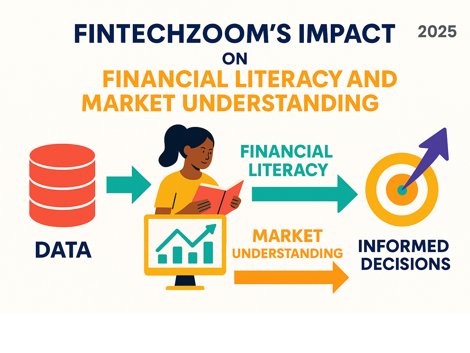 Infographic showing FintechZoom's impact on financial literacy and market understanding, with arrows pointing from data to informed decisions - fintechzoom.com business infographic 