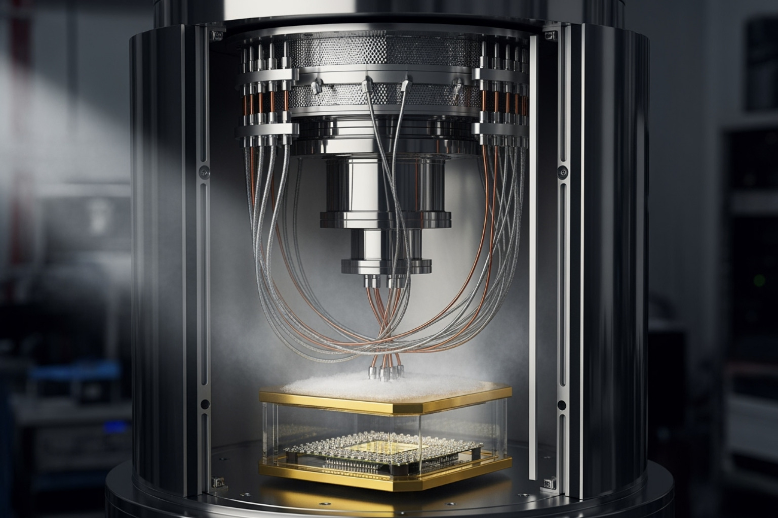 A detailed image of the D-Wave quantum annealer, showcasing its intricate cooling systems and superconducting chip within a cryogenic environment. - best quantum computing stocks