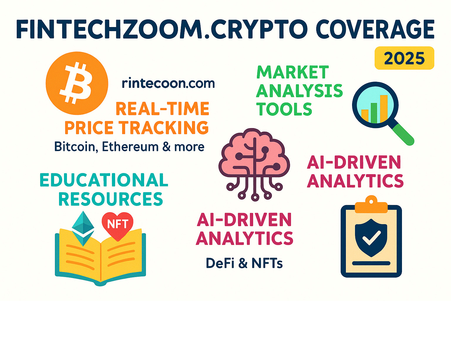 Comprehensive overview of FintechZoom's crypto coverage including real-time price tracking, market analysis tools, educational resources, regulatory updates, and AI-driven analytics with specific focus on Bitcoin, Ethereum, DeFi, and NFT market segments - fintechzoom.com crypto infographic 