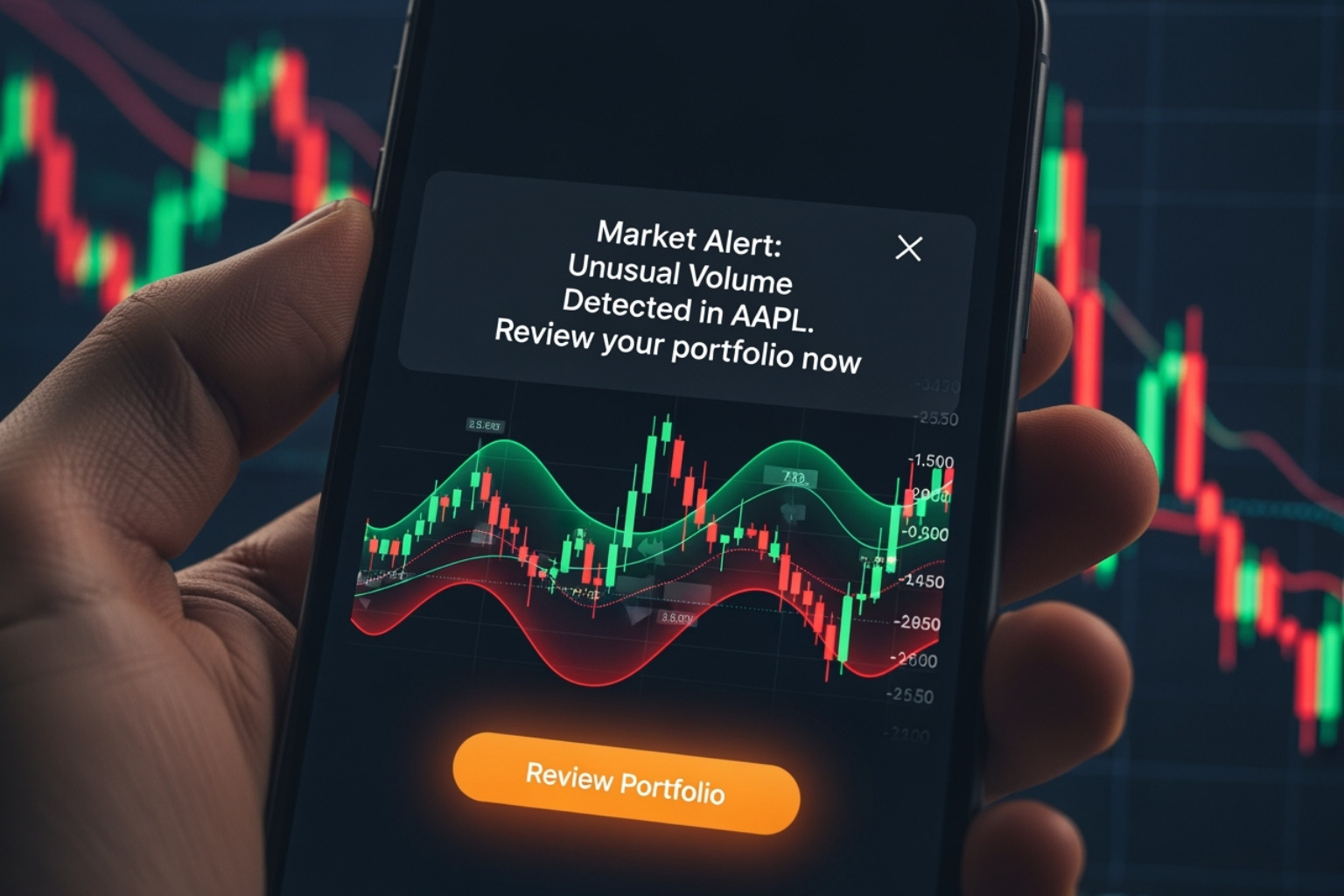 Mobile phone screen showing a FintechZoom AI alert notification with market-moving news and a recommendation - fintechzoom.com forex market