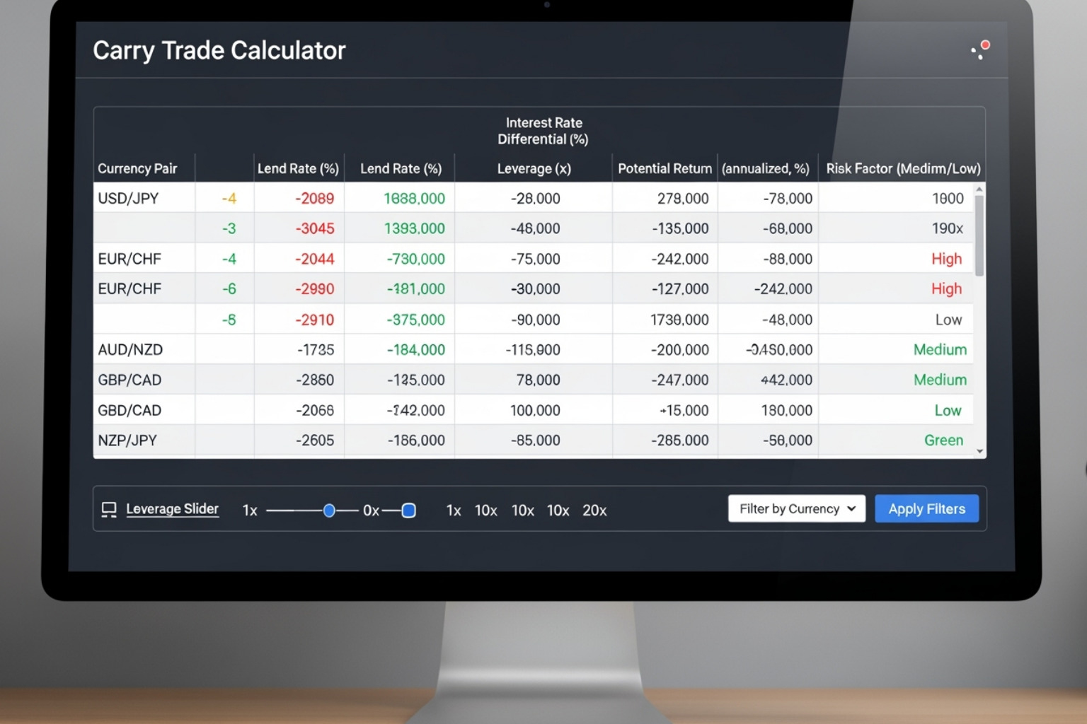 Screenshot of a carry trade calculator tool on FintechZoom showing currency pairs, interest rates, and potential returns - fintechzoom.com forex market