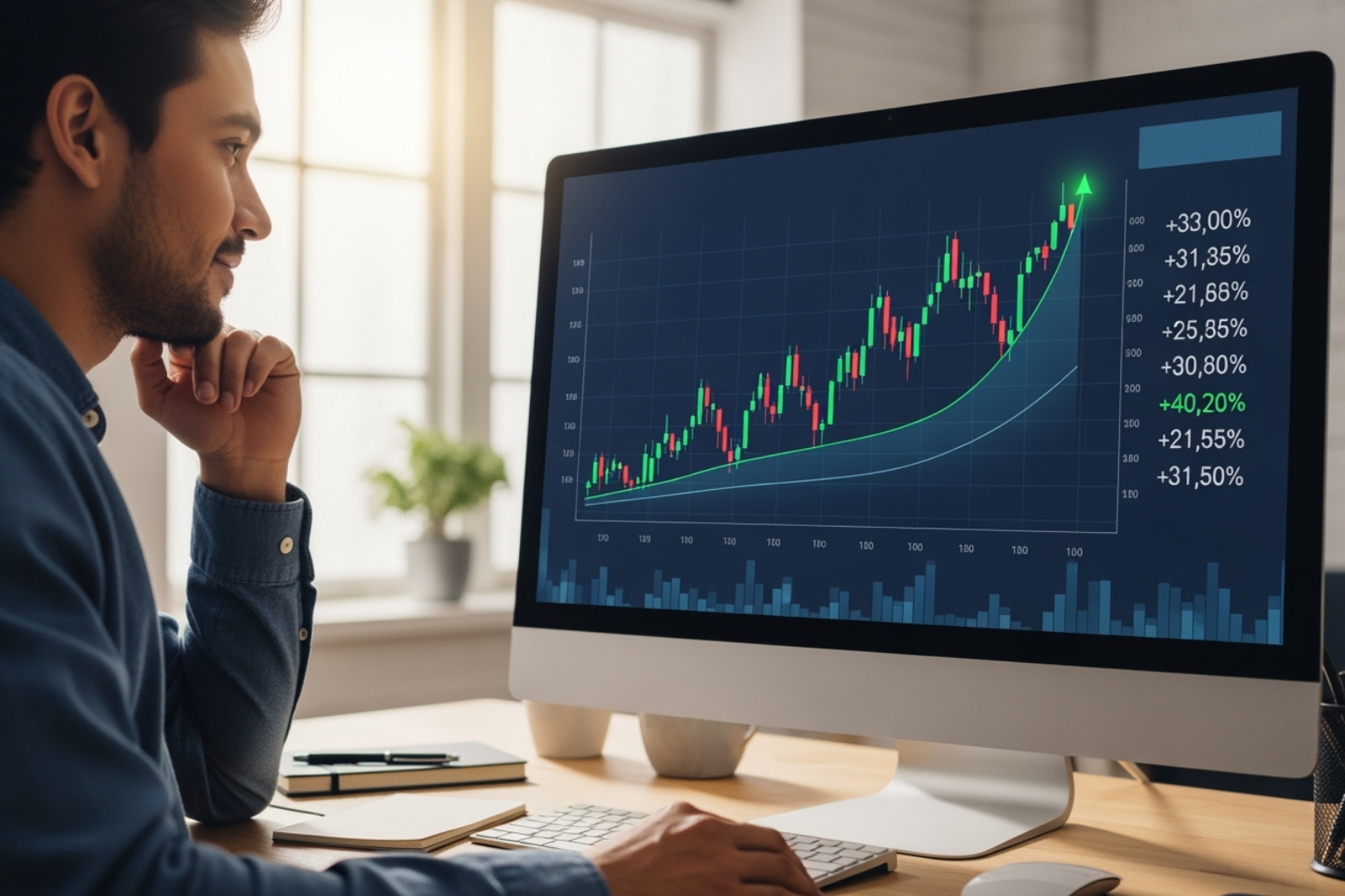 Person confidently looking at screen with positive portfolio growth - fintechzoom.com forex market
