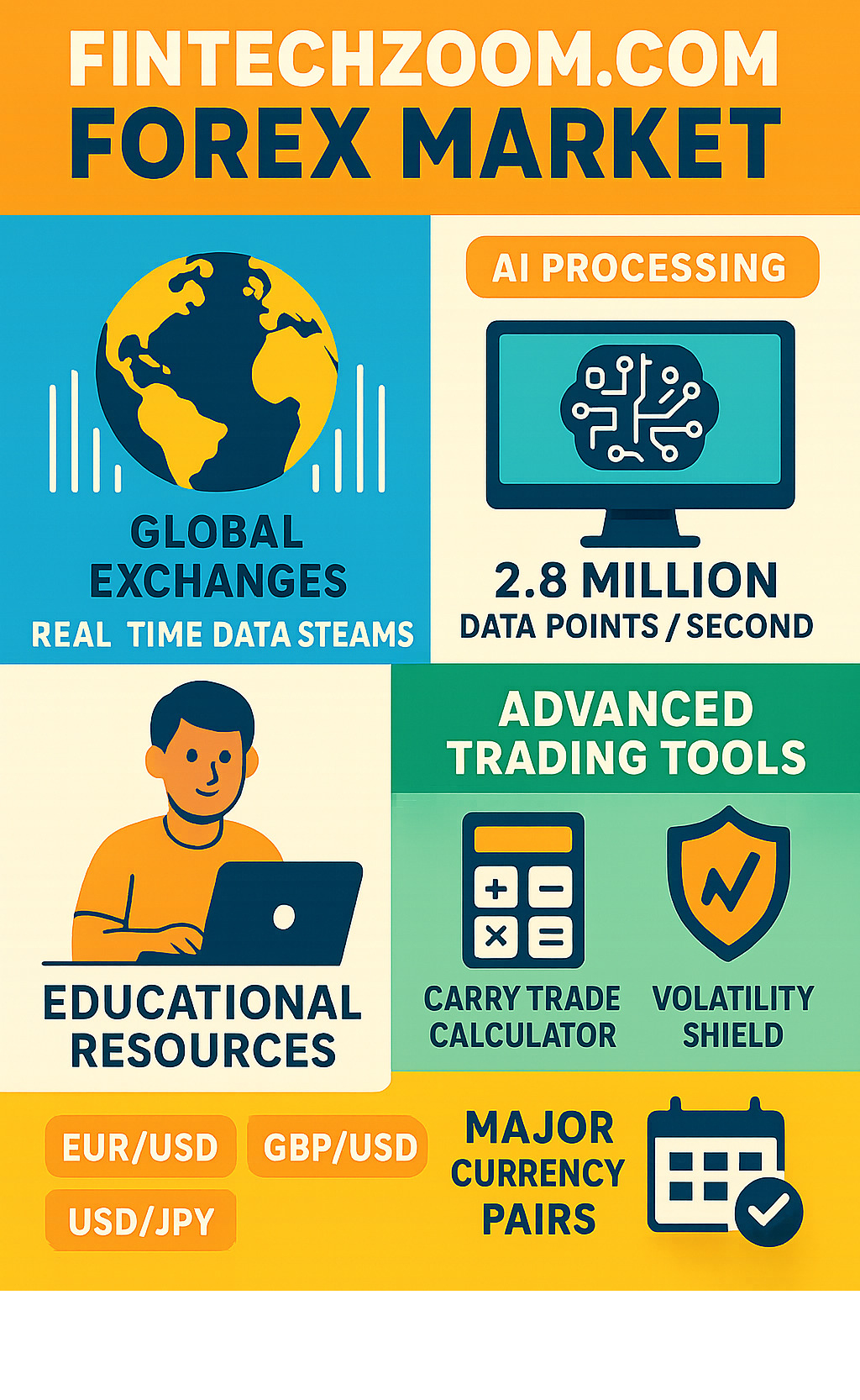 Comprehensive infographic showing FintechZoom's forex market ecosystem including real-time data streams from 200+ global exchanges, AI processing of 2.8 million data points per second, educational resources for beginners to experts, advanced trading tools like carry trade calculators and volatility shields, and integration with major currency pairs and economic calendars - fintechzoom.com forex market infographic 