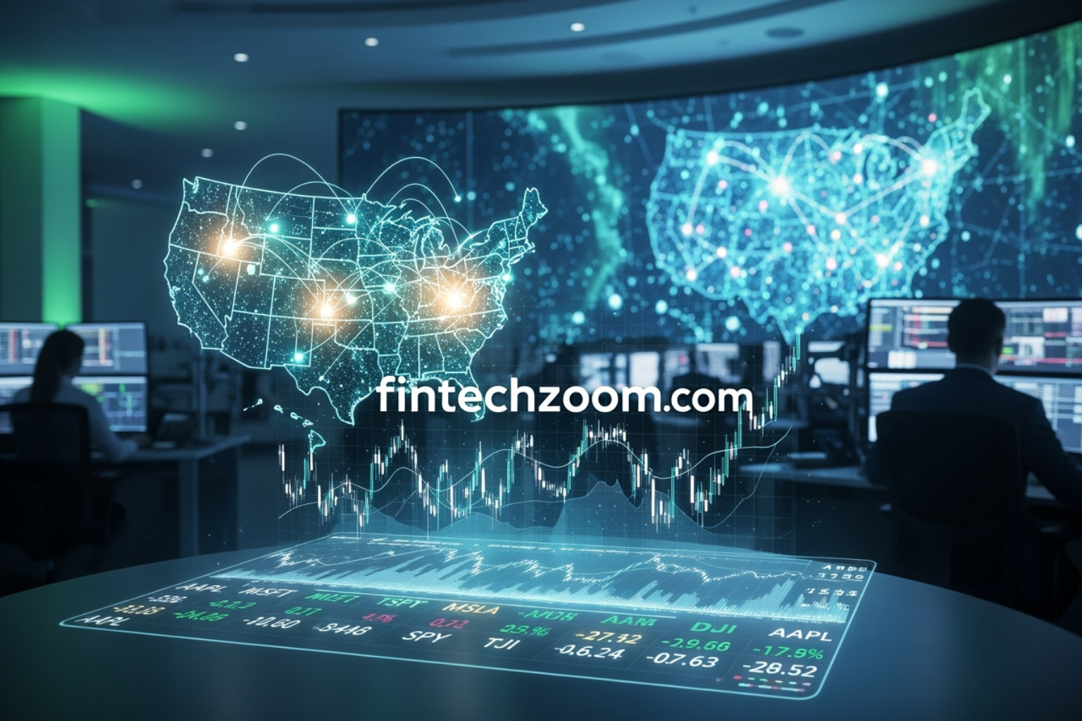 FintechZoom.com dashboard displaying the S&P 500, Dow Jones, and Nasdaq charts - fintechzoom.com us markets today