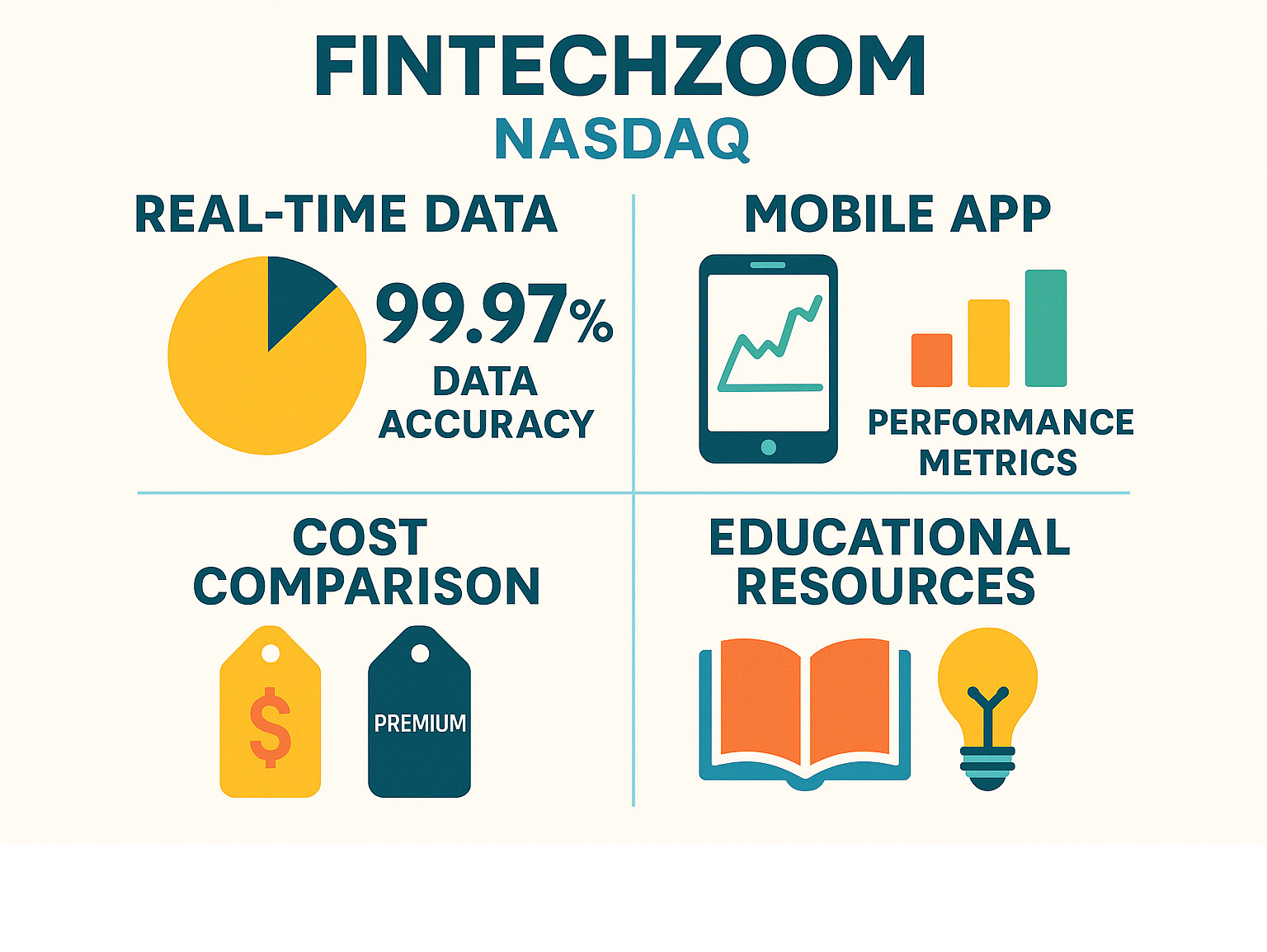 Comprehensive infographic showing FintechZoom.com NASDAQ key features including real-time data accuracy of 99.97%, mobile app performance metrics, cost comparison with premium platforms, and educational resources available to users - fintechzoom.com nasdaq infographic 