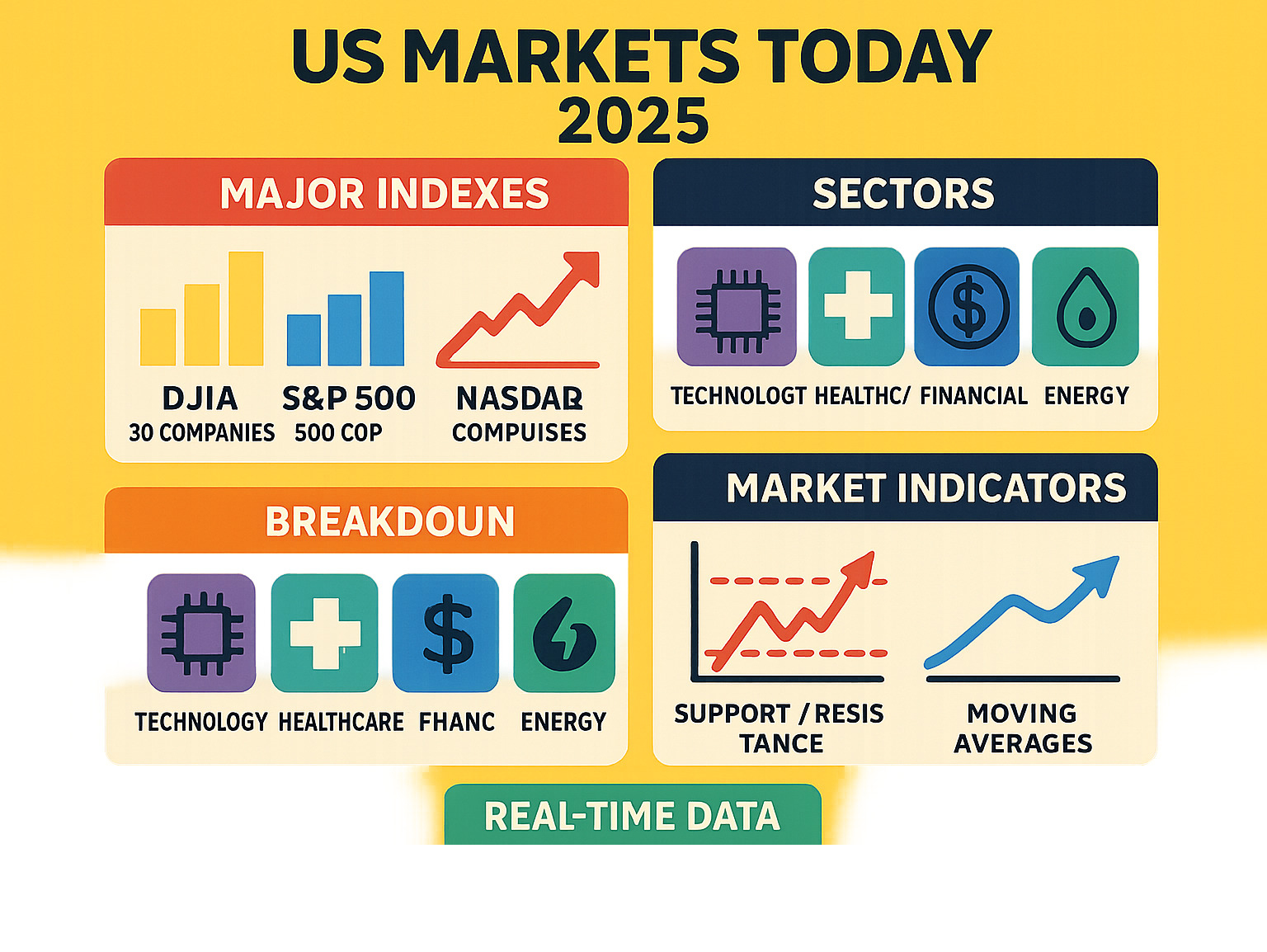 Comprehensive infographic showing the key components of US stock market analysis including major indexes (DJIA with 30 companies, S&P 500 with 500 companies, Nasdaq Composite focused on tech), sector breakdowns (Technology, Healthcare, Financial, Energy), market indicators (support/resistance levels, moving averages), and real-time data feeds - fintechzoom.com us markets today infographic 