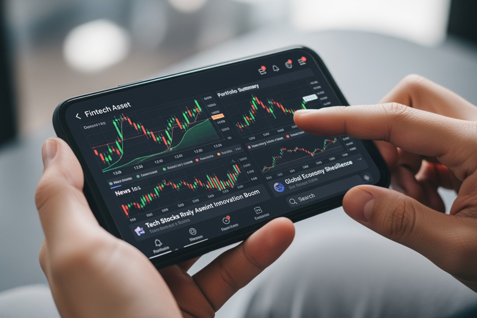 User interacting with the FintechZoom mobile app, showing charts and news feeds - fintechzoom.com money