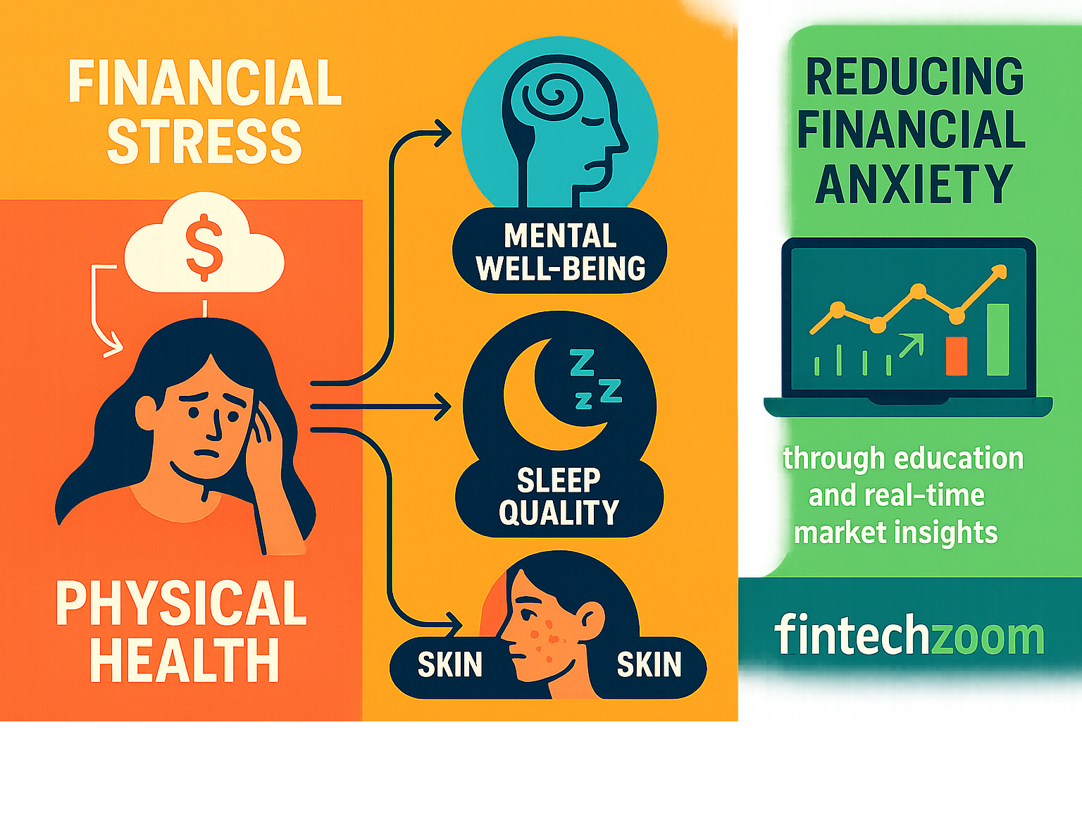 Infographic showing the connection between financial stress and its impact on physical health, mental well-being, sleep quality, and skin conditions, with FintechZoom as a solution for reducing financial anxiety through education and real-time market insights - fintechzoom.com money infographic 