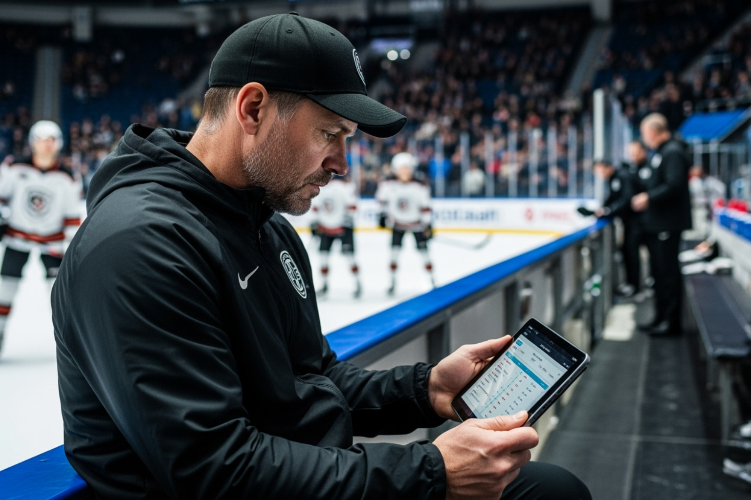 coach reviewing a tablet on the bench - sffarehockey statistics yesterday