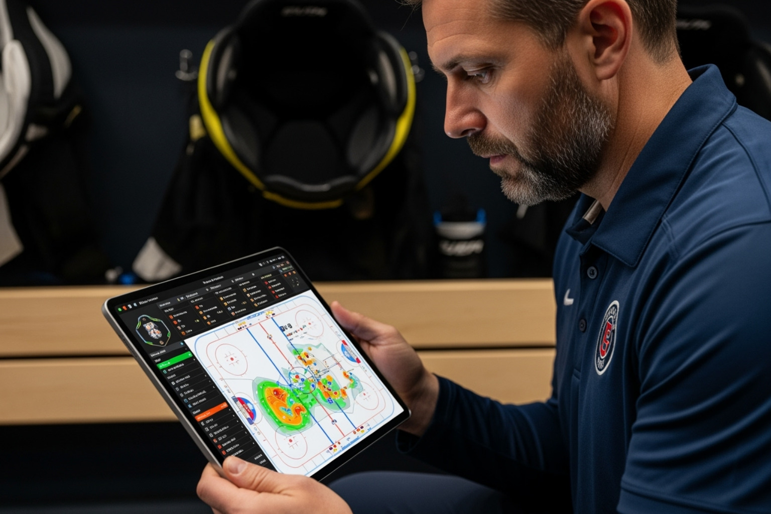 A coach reviewing analytics on a tablet, with a hockey rink diagram and statistics visible on the screen - sffarehockey statistics yesterday