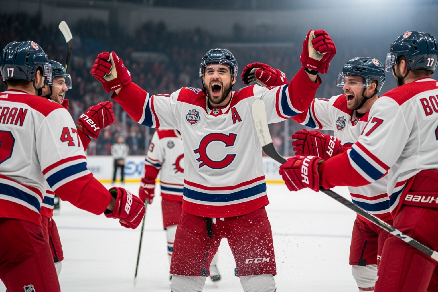 Player celebrating a goal with teammates, showing strong emotion and teamwork - sffarehockey statistics yesterday