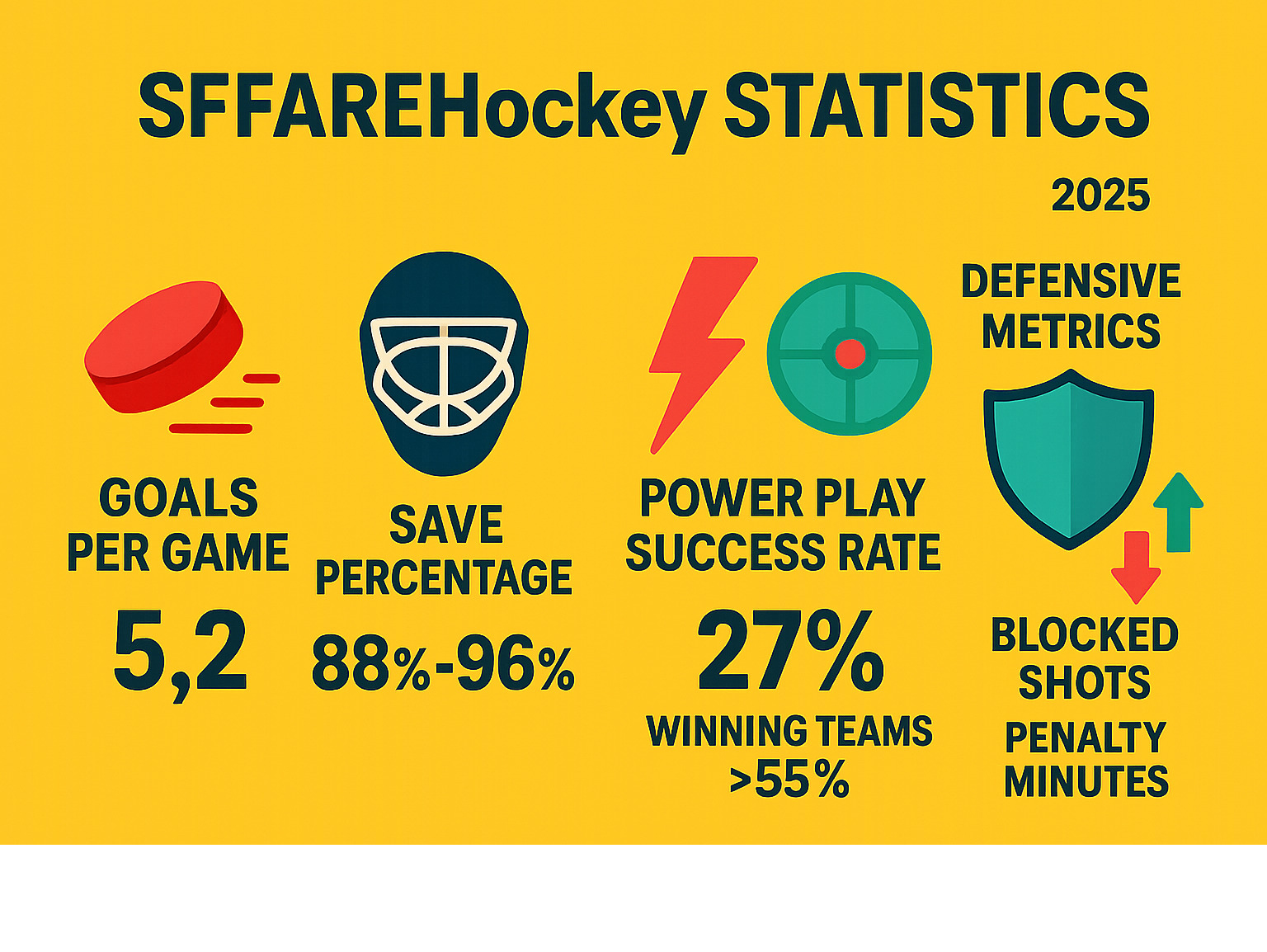 Comprehensive breakdown of key SFFAREHockey statistics including goals scored per game, save percentages ranging from 88-96%, power play success rates of 27%, face-off win percentages above 55% for winning teams, and defensive metrics like blocked shots and penalty minutes - sffarehockey statistics yesterday infographic 