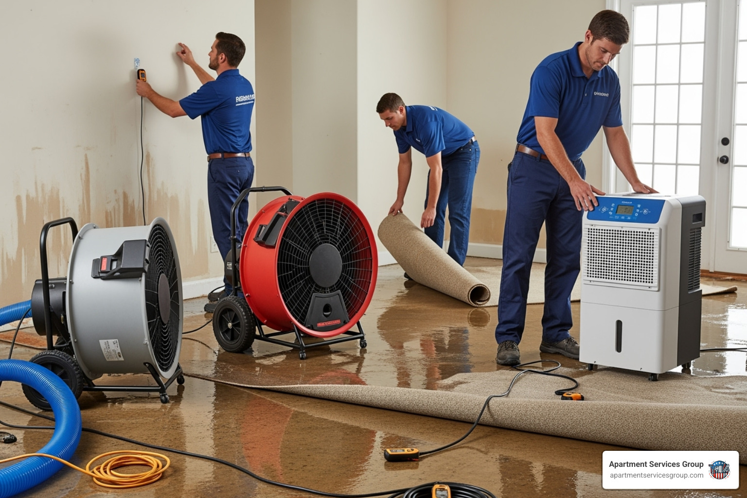 Technicians using industrial air movers and dehumidifiers in a home - water damage Houston