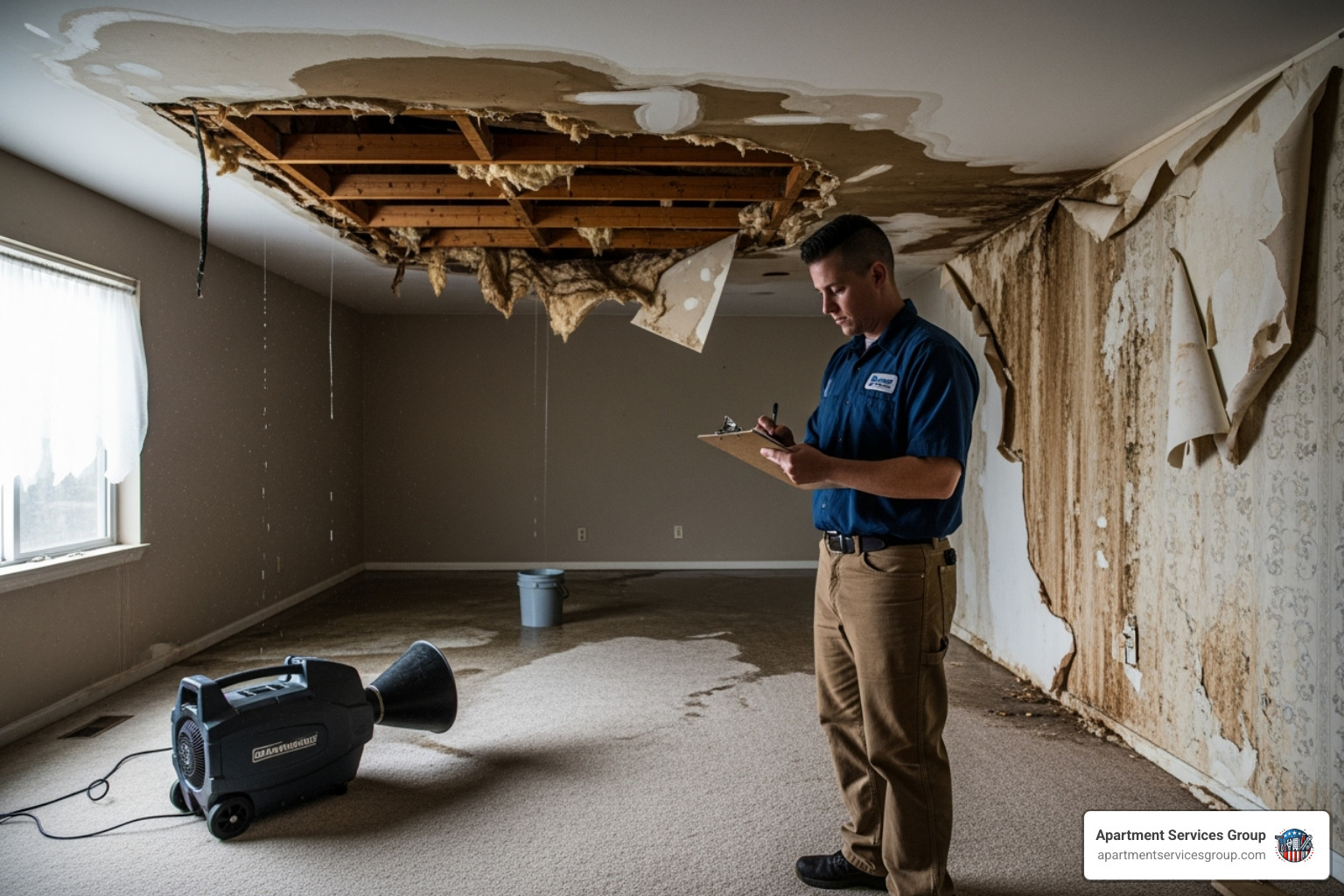 Person writing notes on a clipboard in a damaged room - water damage Houston