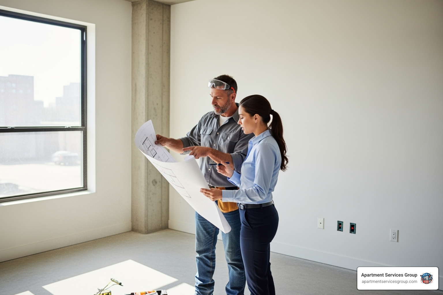 A contractor and property manager discussing plans in a vacant apartment - apartment turnkey services