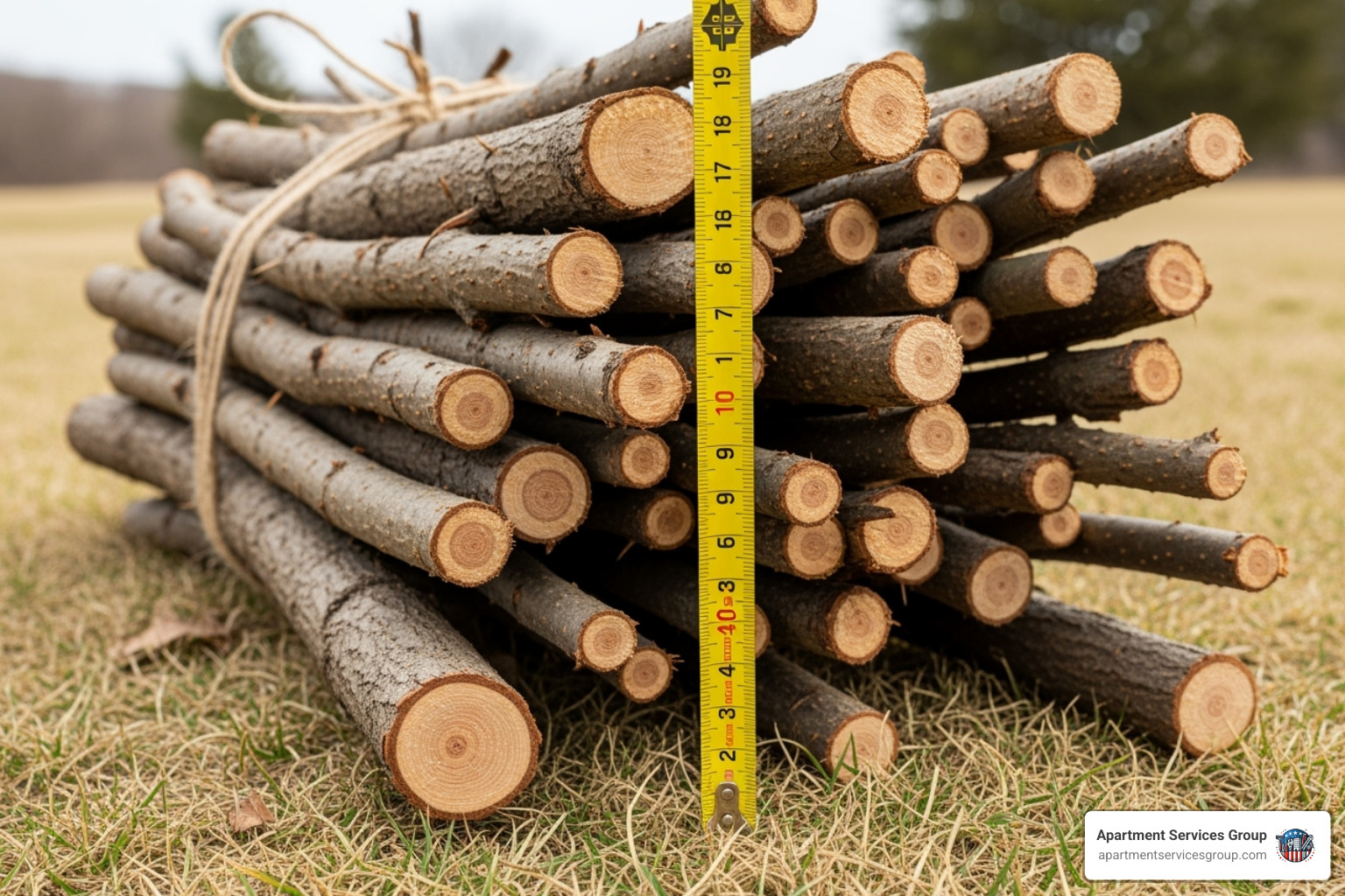 A measuring tape placed next to a neatly bundled pile of tree branches, illustrating the maximum length and diameter allowed for collection - Houston bulk trash