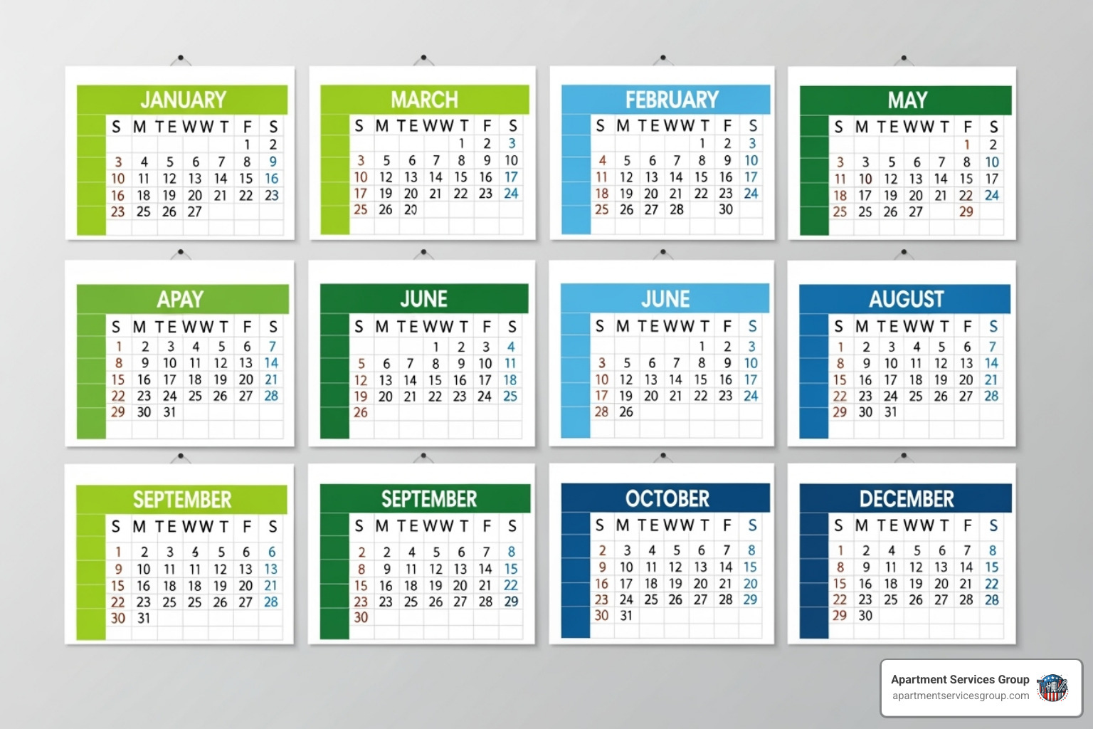 A calendar highlighting odd-numbered months in green for Tree Waste collection and even-numbered months in blue for Bulk Waste collection - Houston bulk trash